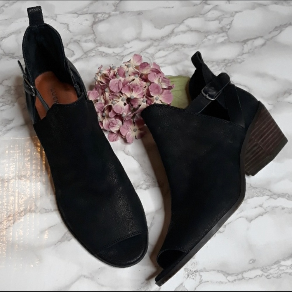 Lucky Brand black leather peep toe ankle boots